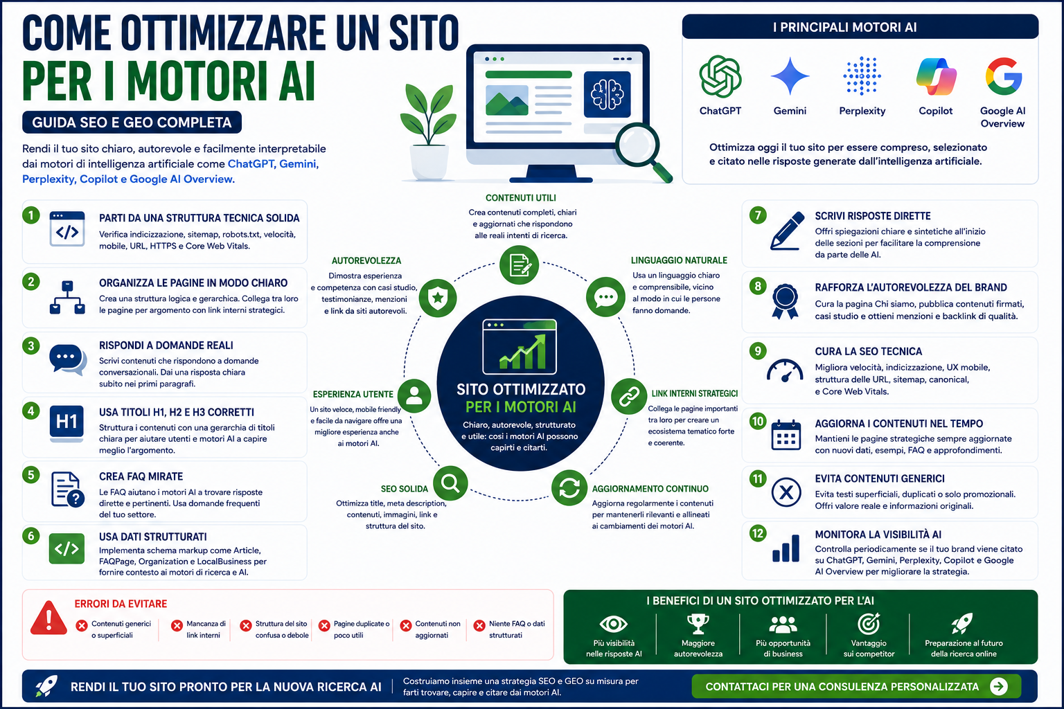 Infografica che spiega come ottimizzare un sito per i motori AI con SEO tecnica, contenuti chiari, dati strutturati, link interni e autorevolezza